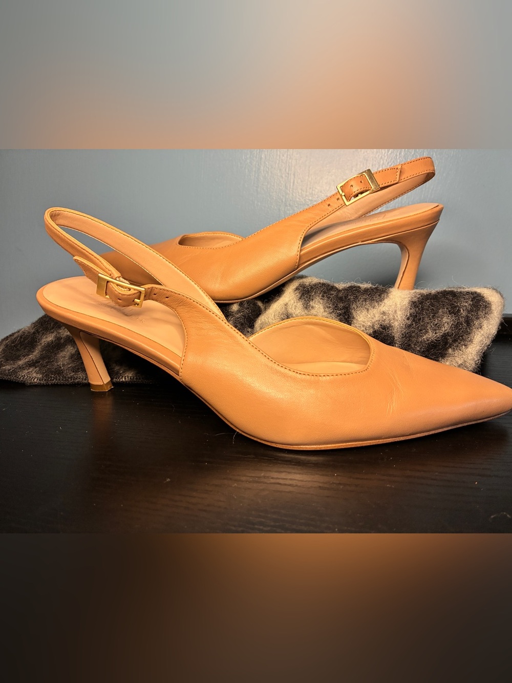 Felicias Tan Leather Slingback Heels with Gold Buckle